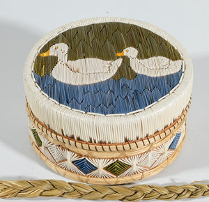 Vintage Anishinaabe Quill Box by Angeline Pitawanakwat with Two White Ducks