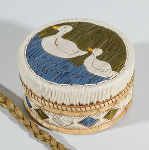 Vintage Anishinaabe Quill Box by Angeline Pitawanakwat with Two White Ducks