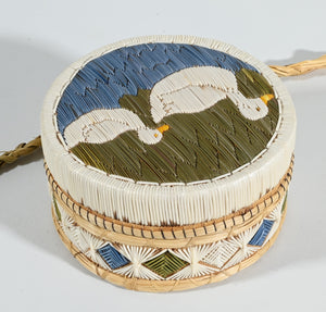 Vintage Anishinaabe Quill Box by Angeline Pitawanakwat with Two White Ducks