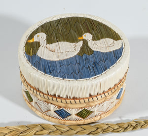 Vintage Anishinaabe Quill Box by Angeline Pitawanakwat with Two White Ducks
