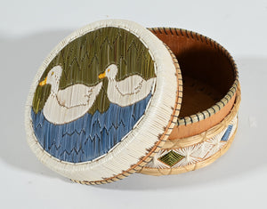 Vintage Anishinaabe Quill Box by Angeline Pitawanakwat with Two White Ducks