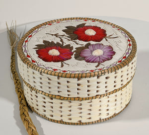 Vintage Anishinaabe Quill Box with Three Tufted Flowers by Lorraine Besito;
