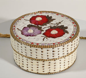 Vintage Anishinaabe Quill Box with Three Tufted Flowers by Lorraine Besito;