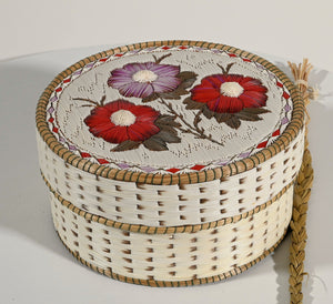 Vintage Anishinaabe Quill Box with Three Tufted Flowers by Lorraine Besito;
