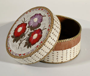 Vintage Anishinaabe Quill Box with Three Tufted Flowers by Lorraine Besito;