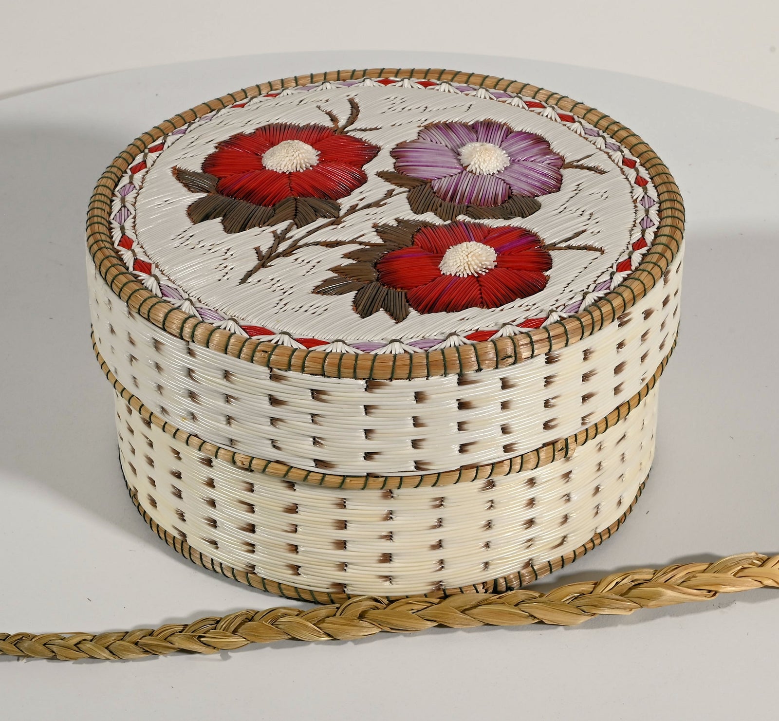 Vintage Anishinaabe Quill Box with Tufted Flowers by Lorraine Besito