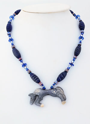 Necklace, with Blue Horse Pendant by Linda Lee Courtney; 23" long