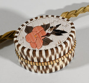 Oval hummingbird Porcupine Quill box with Checkerboard sides by Mildred Aguonie