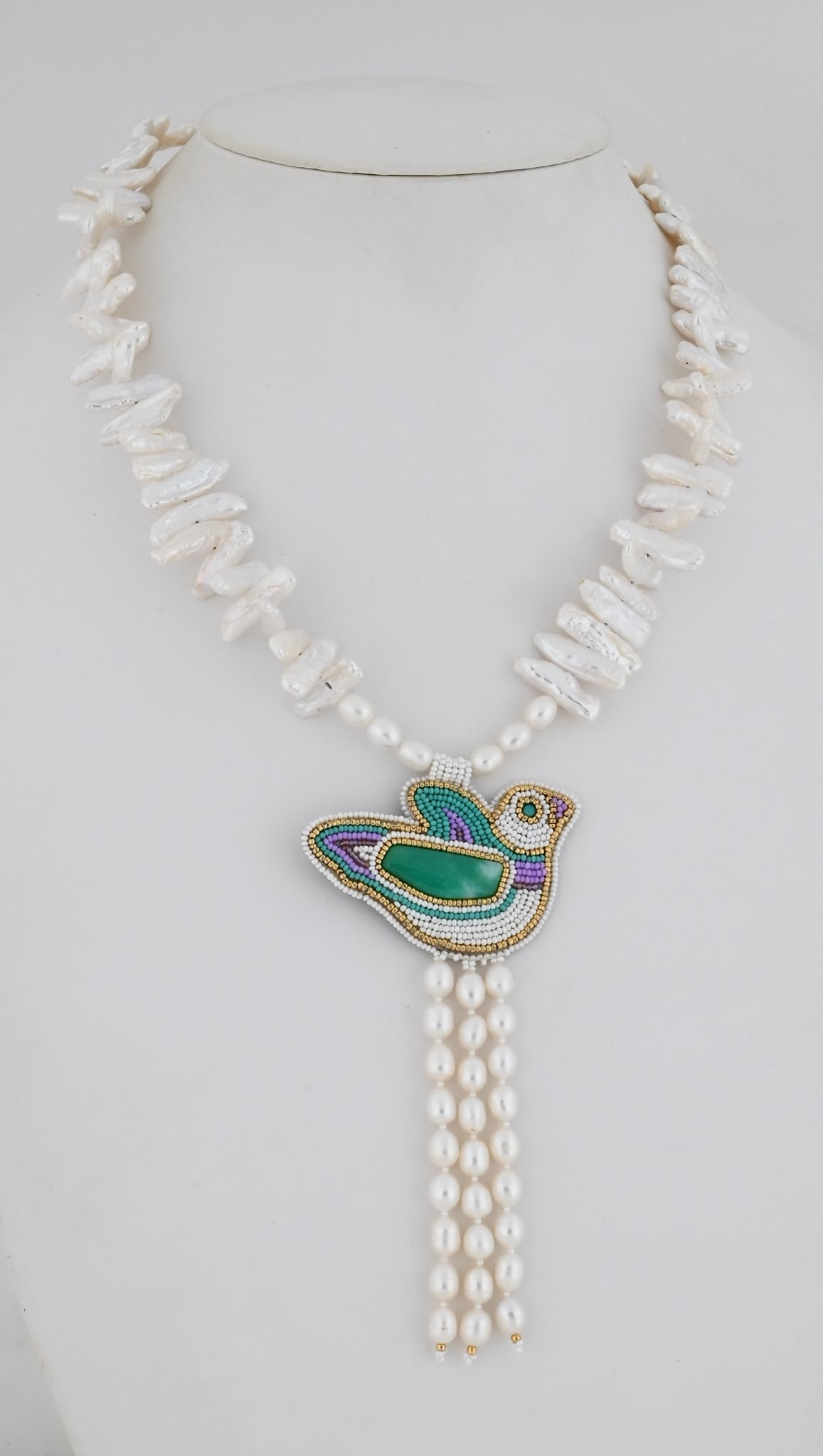 Necklace with Beaded Bird Pendant by Jovanna Poblano