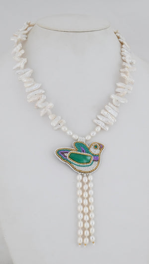 Necklace with Beaded Bird Pendant by Jovanna Poblano