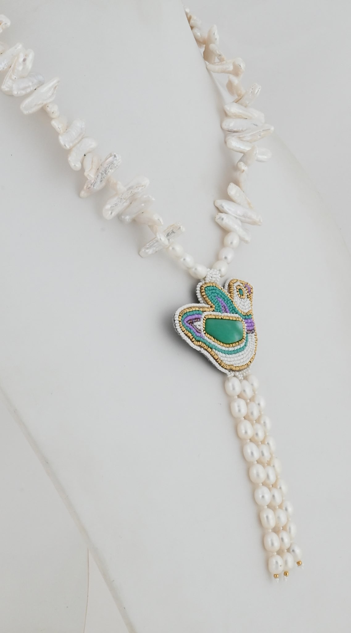 Necklace with Beaded Bird Pendant by Jovanna Poblano