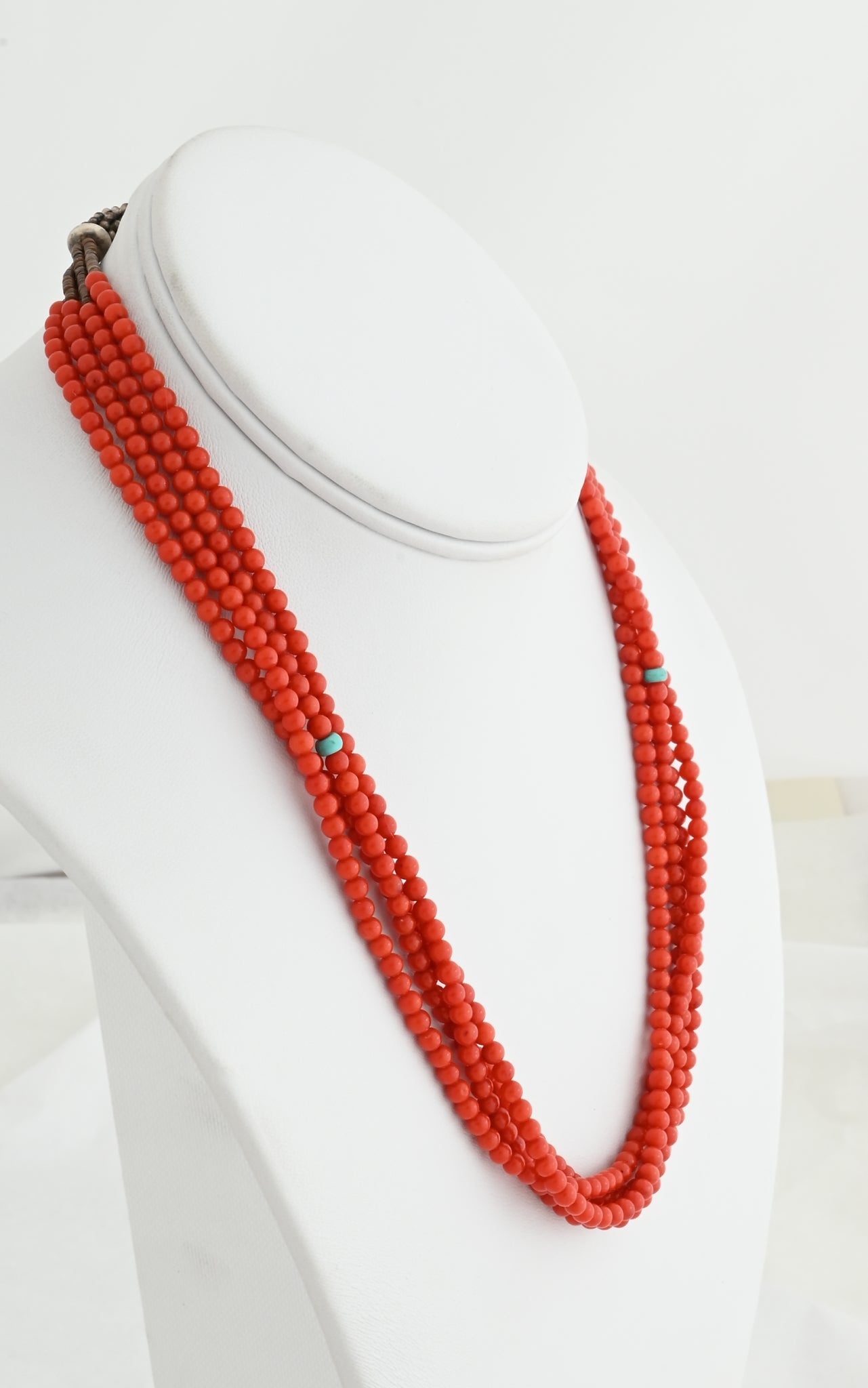 Necklace with 4 Strands of Red Coral Beads