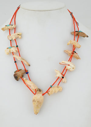 Fetish Necklace on Red Coral Beads by the Quandelacy Family