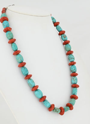 Necklace with Turquoise and "Apple" Coral Beads