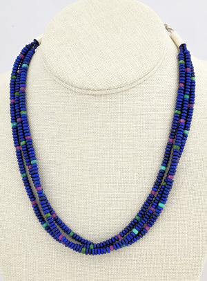 Necklace with 3 Strands of Lapis and mixed stone beads by Desiree Yellowhorse