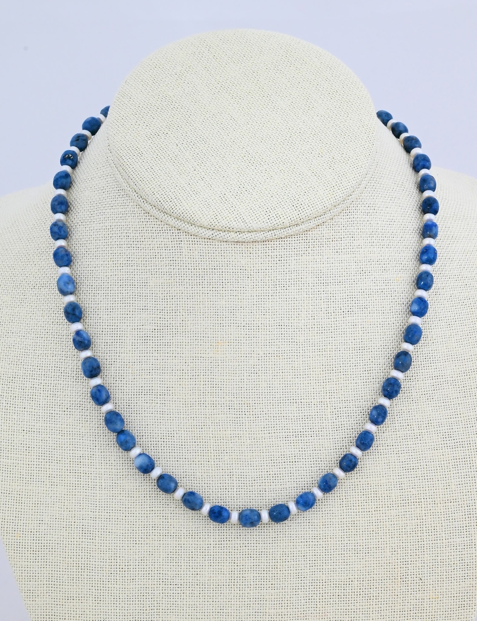 Necklace with Denim Lapis and Pearl Beads by Desiree Yellowhorse