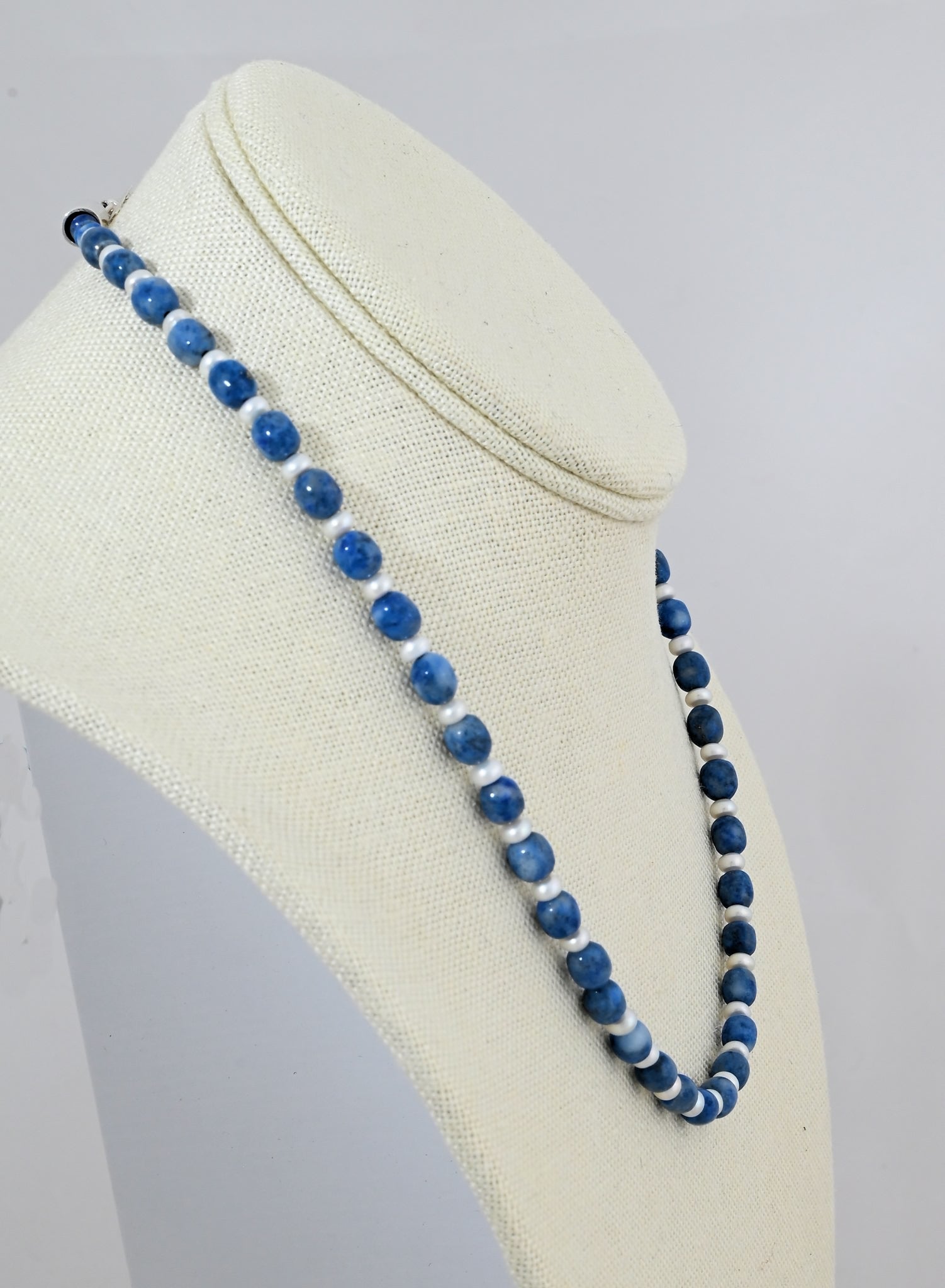 Necklace with Denim Lapis and Pearl Beads by Desriee Yellowhorse