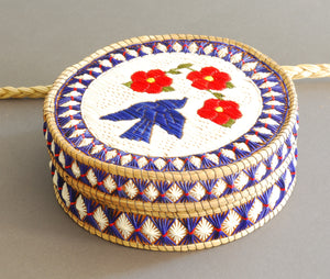 Quill Box with Blue Bird and Three Red Flowers by Unknown (Anishinaabe)