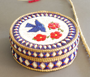 Quill Box with Blue Bird and Three Red Flowers by Unknown (Anishinaabe)