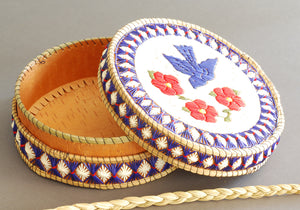 Quill Box with Blue Bird and Three Red Flowers by Unknown (Anishinaabe)