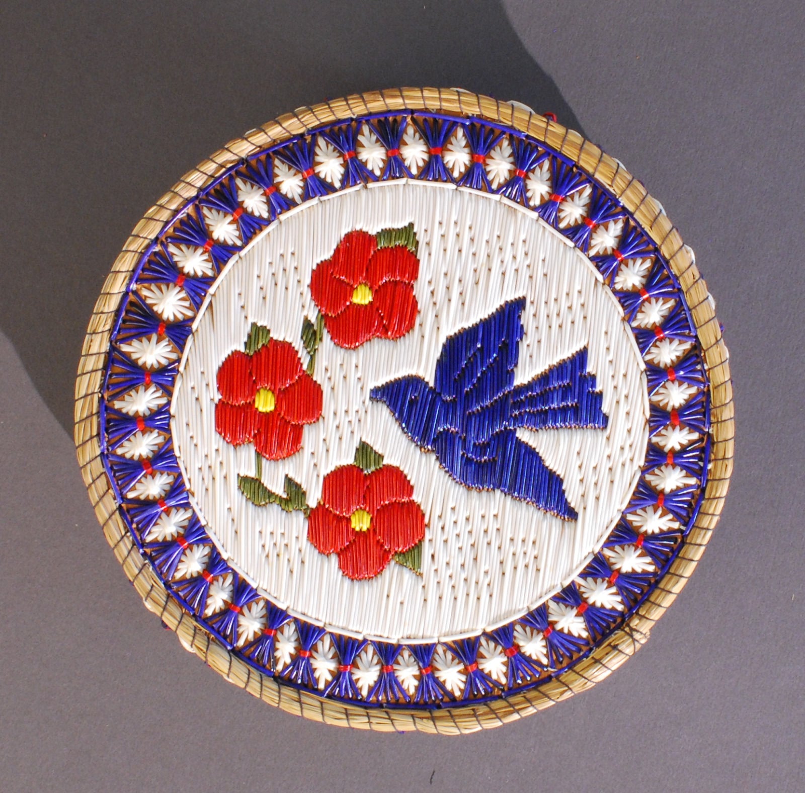 Quill Box with Blue Bird and Three Red Flowers by Unknown (Anishinaabe)