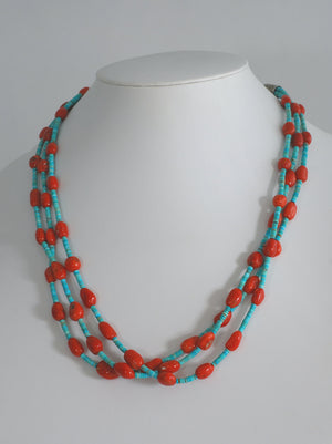 #8 Turquoise and Coral Nugget 3-Strand Necklace