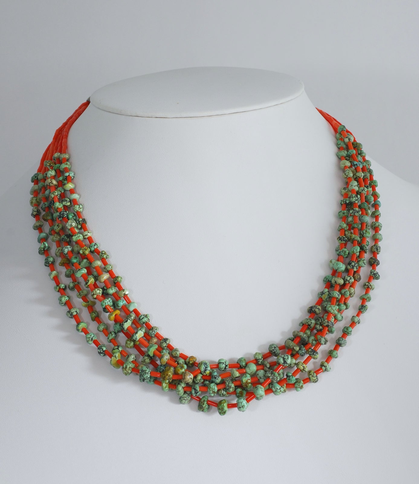 Six Strand Necklace, Red Coral with Green Spiderweb Nuggets