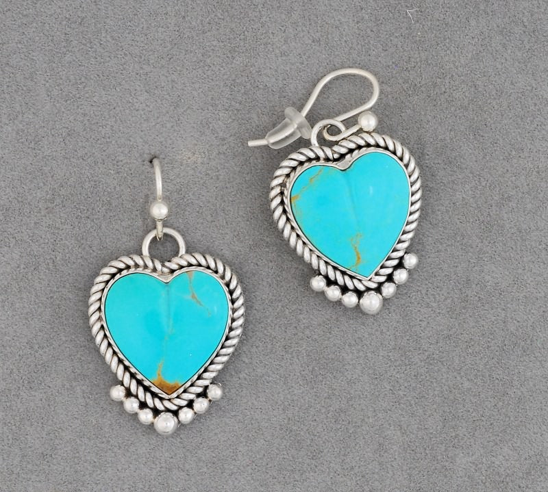 Earrings with Kingman Turquoise Hearts by Artie Yellowhorse